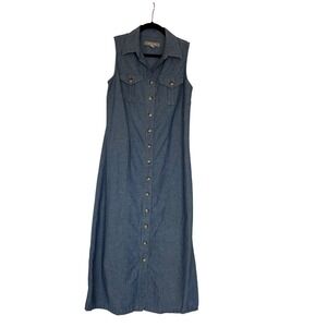 Denim Maxi Dress Size 8 Sleeveless Blue Button Down Cottagecore Coastal Cowgirl